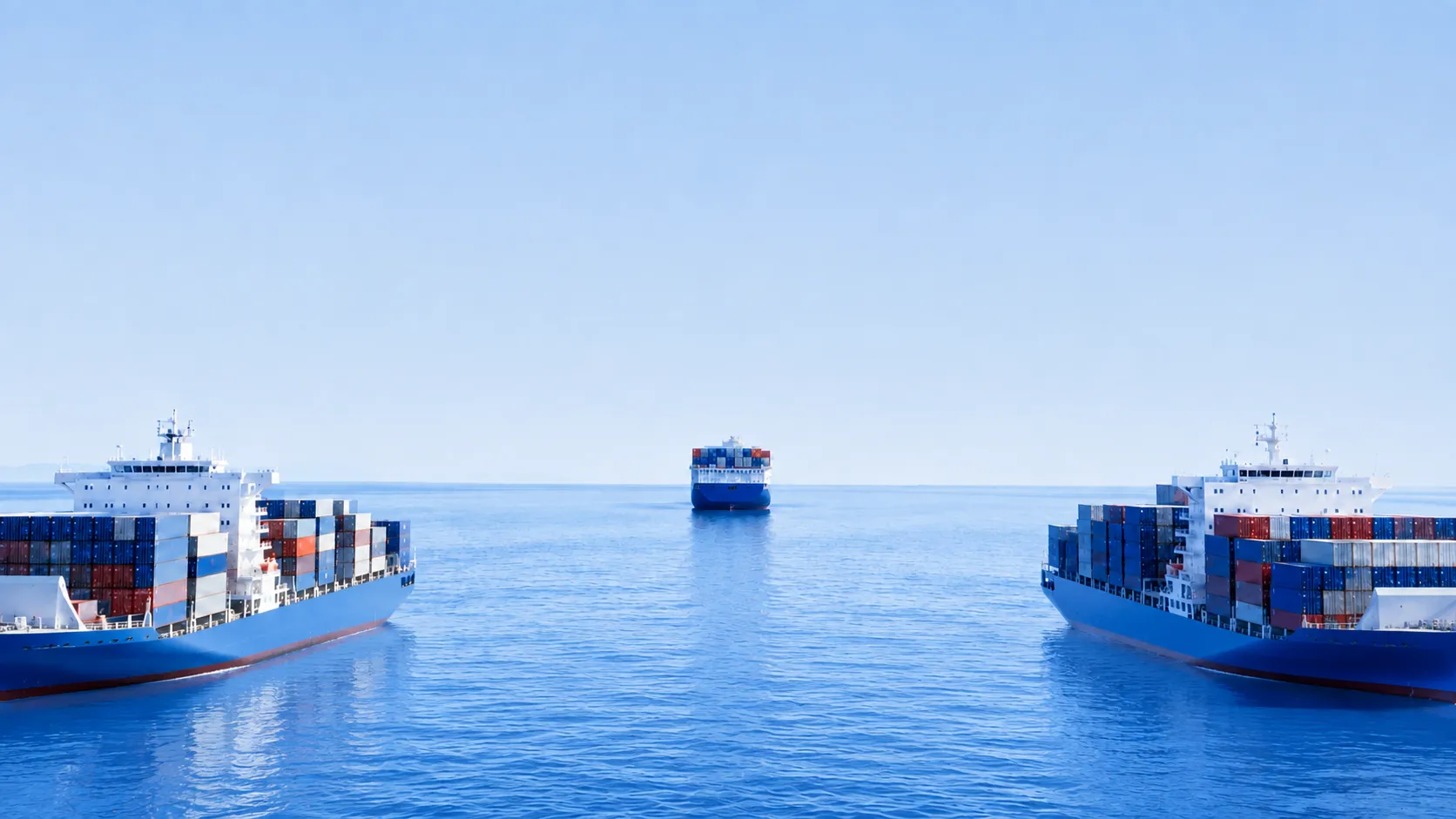 Two container ships flanking an open shipping lane at sea, with a third vessel on the horizon between them
