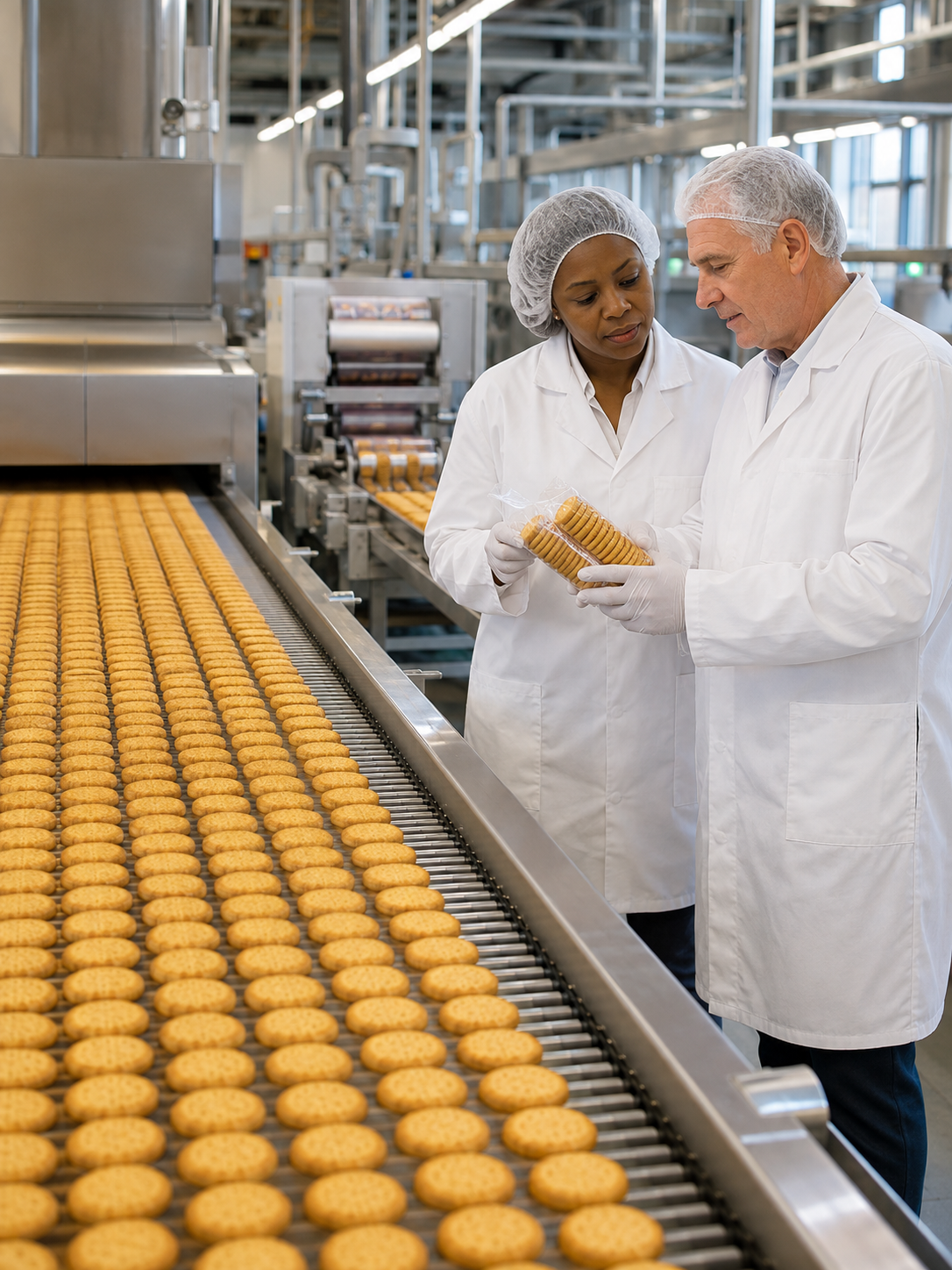 A sales specialist and buyer examining biscuit samples beside an industrial baking and packing line