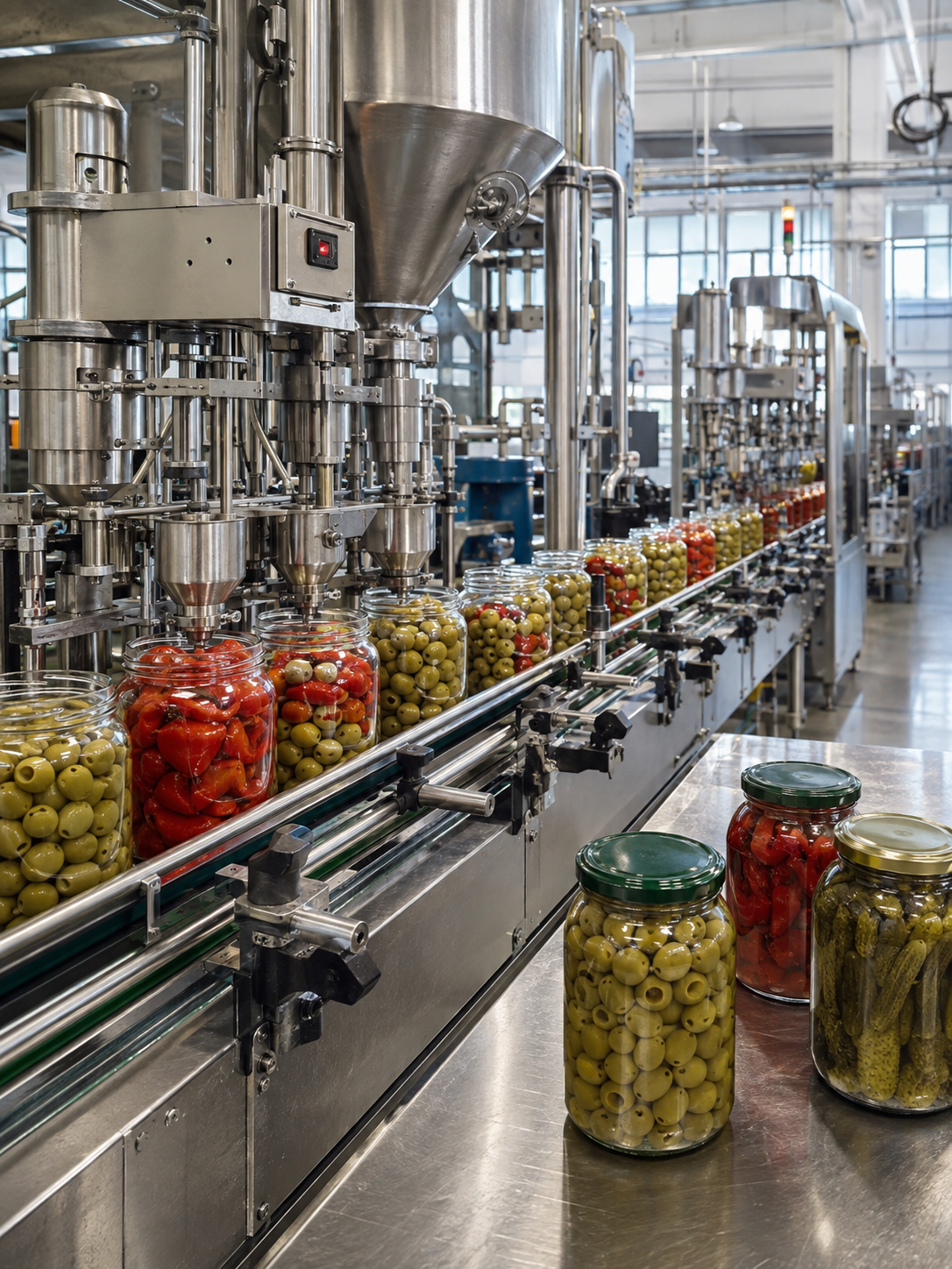 Olive and preserved vegetable jars on an industrial food filling and capping line