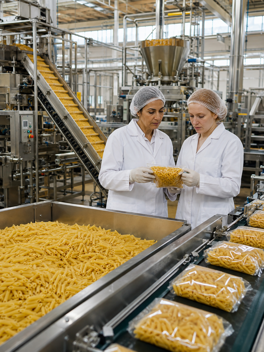 Two businesswomen inspecting a pasta sample beside a pasta production and packing line